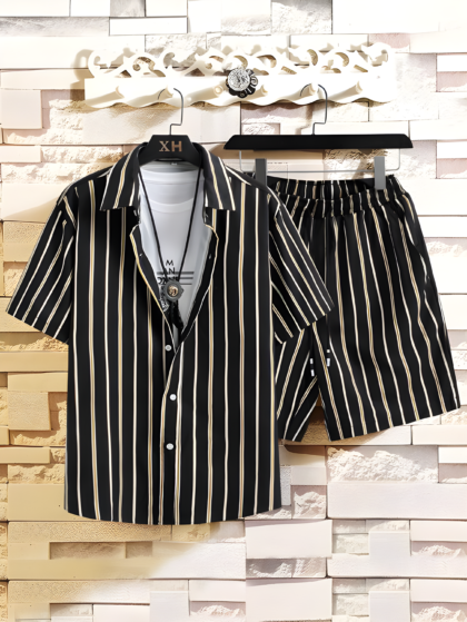 Ascot Black Striped Relaxed-Fit Shirt & Shorts Set