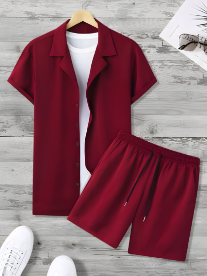 MAROON CASUAL COTTON SHIRT & SHORTS