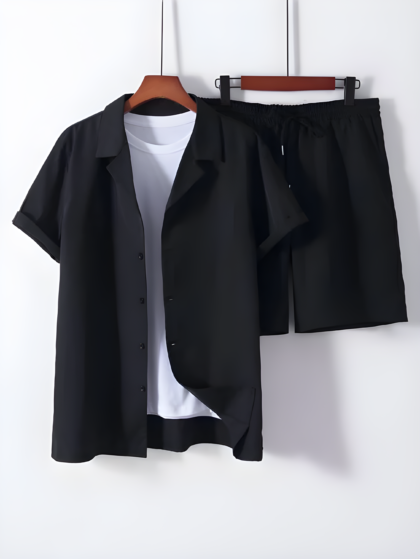 BLACK CASUAL COTTON SHIRT & SHORTS